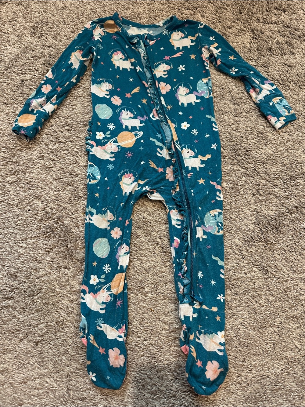 Posh Peanut 9-12mo Teal Unicorn Print Ruffle Footie
